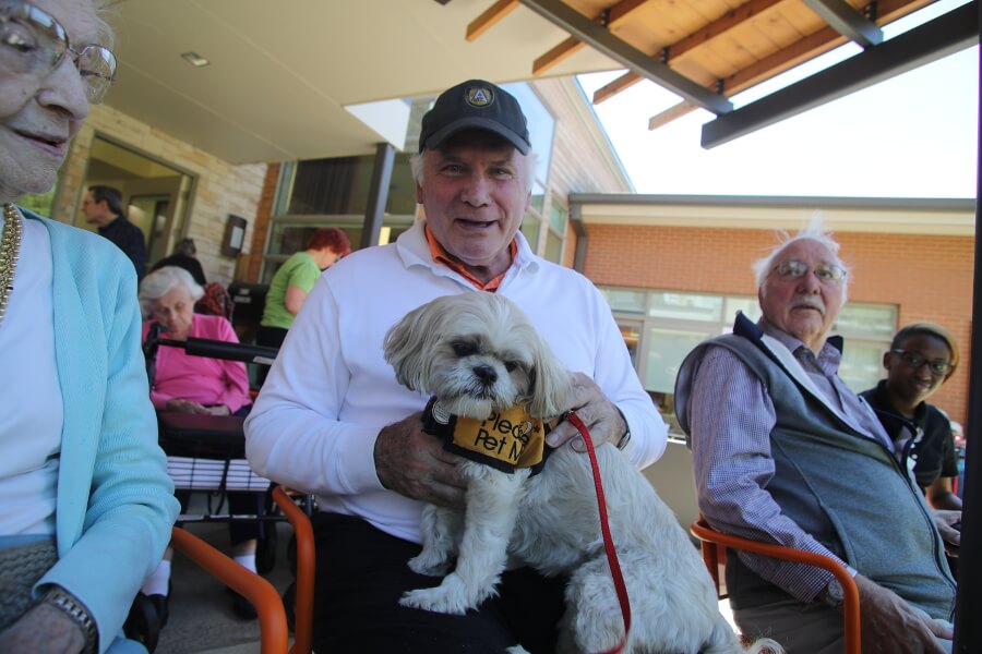 Older adult gentleman sitting in chair with white shih tzu dog in his lap