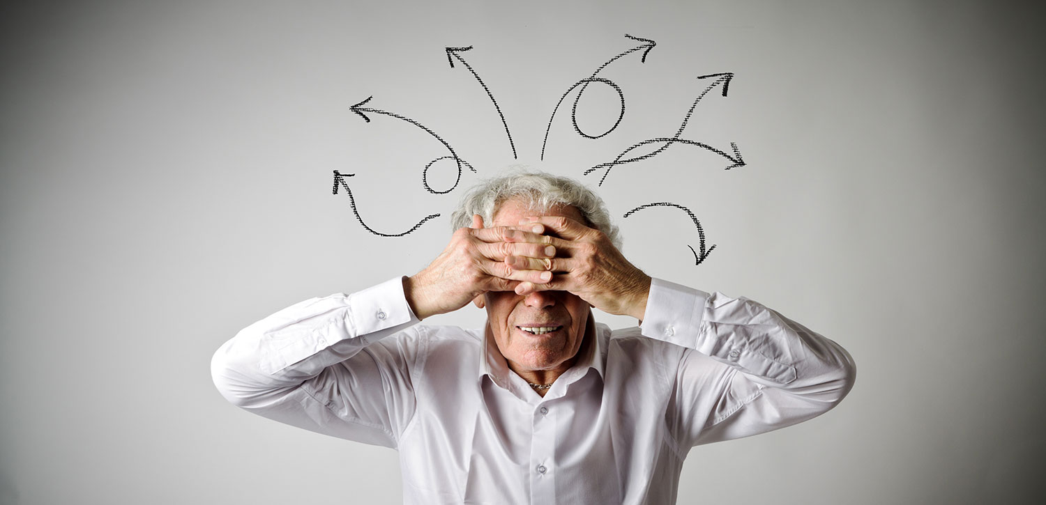 Confused senior aged man preparing to tour a senior living community